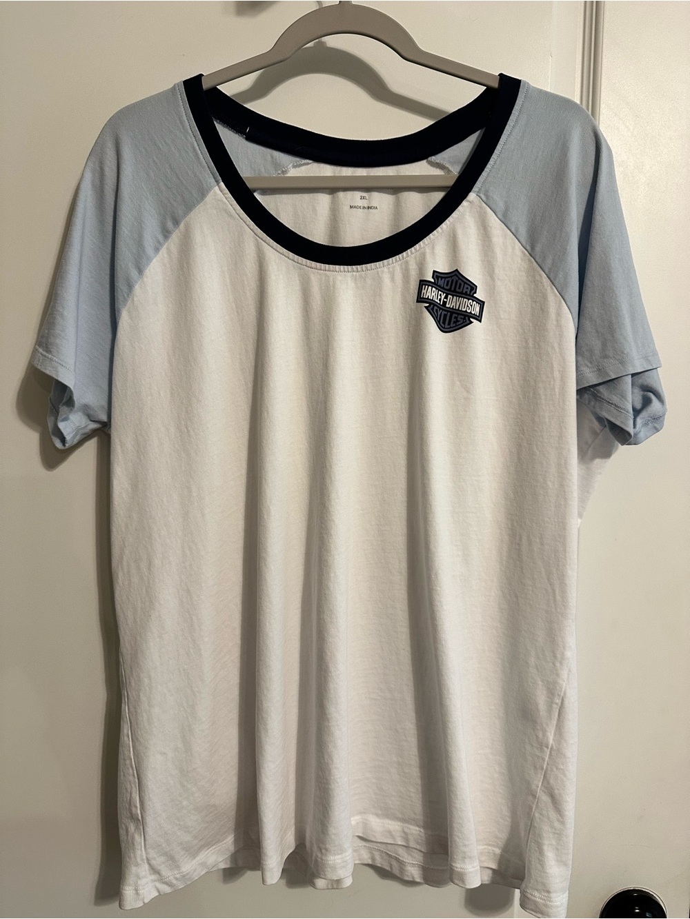 Harley-Davidson White Tee with Light Blue Raglan Sleeves